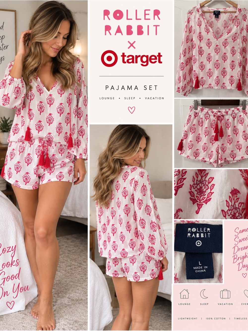 Roller Rabbit x Target Floral lounge Set Pink Top L Shorts M Cotton
